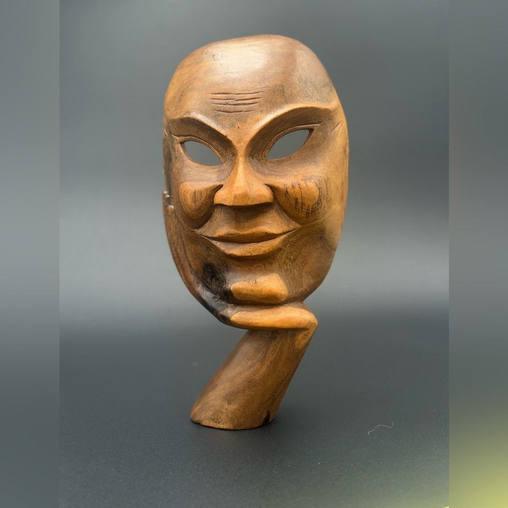 Vintage Hand Carved Wood Mask - Happy / Peaceful Face - Wall or Shelf Display